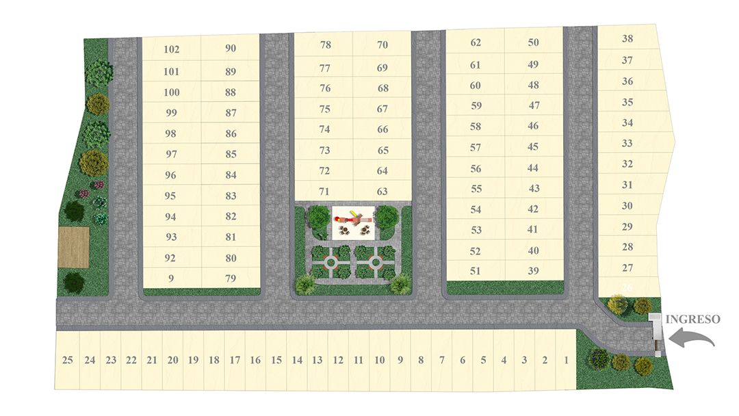 Plano general del condominio con los 102 lotes numerados, calles, áreas verdes e ingreso