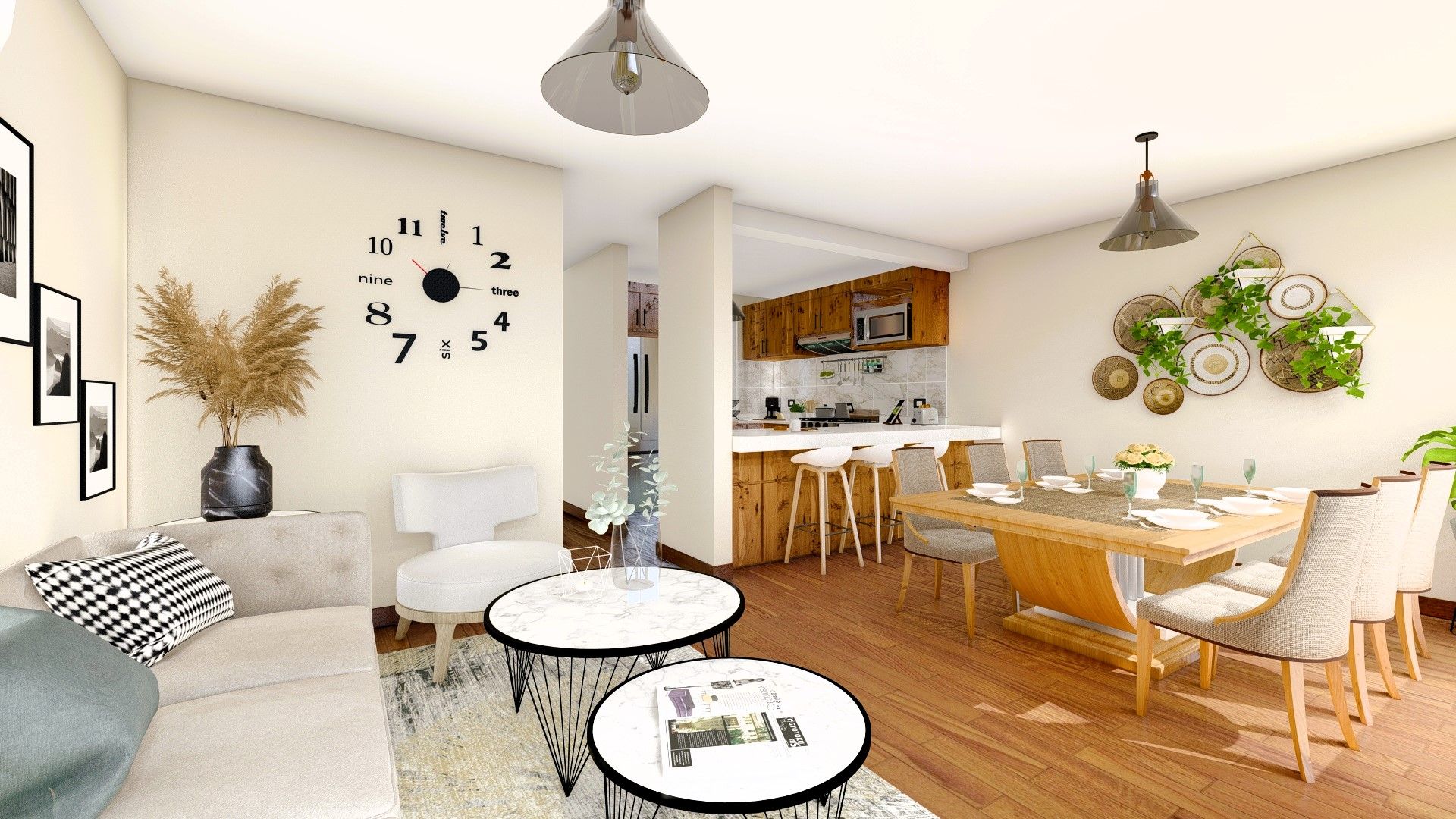 Sala y comedor con cocina abierta al fondo