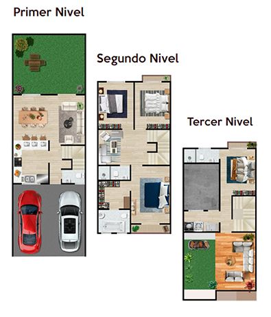Plano del modelo de 3 niveles: primer, segundo y tercer nivel